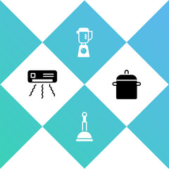 Sticker - Set Air conditioner, Rubber plunger, Blender and Cooking pot icon. Vector