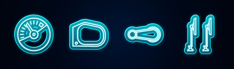 Sticker - Set line Speedometer, Car mirror, door handle and Windscreen wiper. Glowing neon icon. Vector