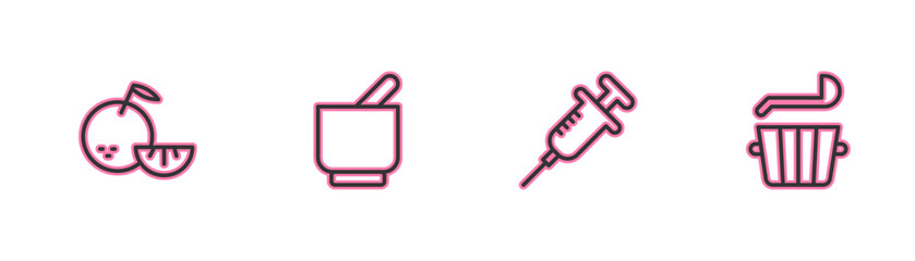 Sticker - Set line Citrus fruit, Syringe, Mortar and pestle and Sauna bucket ladle icon. Vector