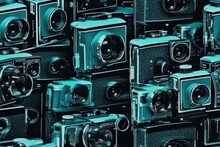Illustration of multiple cameras arranged in a grid pattern created with Generative AI technology