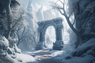 Poster - wintry scene featuring a gate in a snowy landscape created with Generative AI technology