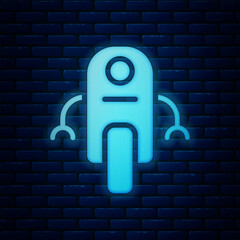 Poster - Glowing neon Robot icon isolated on brick wall background. Artificial intelligence, machine learning, cloud computing. Vector