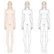 Fashion figure template with an illustrated Asian face. 9-head Fashion croquis for technical drawing. Woman's figure front view. girl model template for fashion sketching and fashion illustrations.CAD