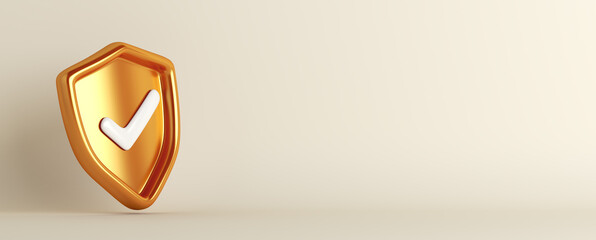 Fototapete - Gold shield with check mark, secured protection concept, copy space text, 3d rendering illustration