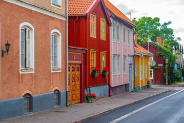 Wall Mural - Colorful timber houses in Swedish town Kalmar