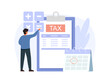 © nazarkru - Tax concept. Man calculating invoices and filling tax declaration for tax return. Vector illustration isolated on white background.