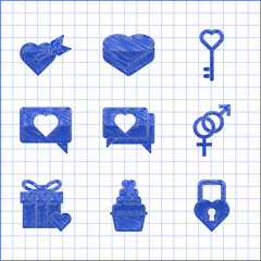 Poster - Set Like and heart, Castle in the shape of, Gender, Gift box, Key and Amour with arrow icon. Vector