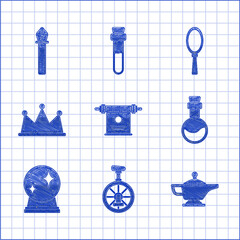 Sticker - Set Magic scroll, Unicycle or one wheel bicycle, lamp Aladdin, Bottle with love potion, ball, Crown, hand mirror and staff icon. Vector