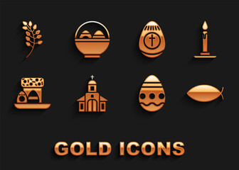 Sticker - Set Church building, Burning candle candlestick, Christian fish, Easter egg, cake eggs, Willow leaf and Basket with easter icon. Vector