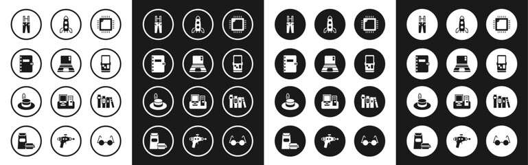 Sticker - Set Processor with CPU, Laptop, Spiral notebook, Pants suspenders, Tetris, Rocket ship, Book and Man hat icon. Vector