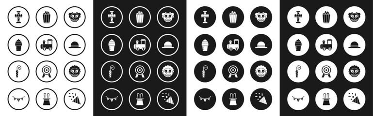 Sticker - Set Clown head, Toy train, Ice cream, Attraction carousel, hat, Popcorn box, and Birthday party horn icon. Vector