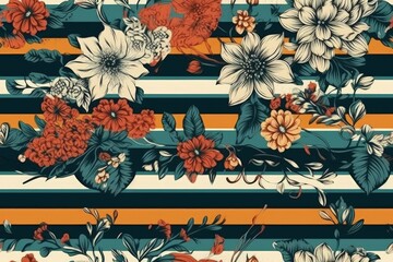Poster - vibrant floral and leafy pattern on a striped background created with Generative AI technology