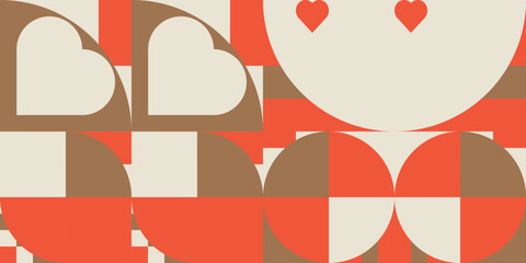 Leinwandbilder - Romantic vector abstract  geometric background with hearts, circles, rectangles and squares  in retro Scandinavian style. Pastel colored simple shapes graphic pattern. Abstract mosaic artwork.