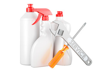Poster - Detergent, cleaning products with screwdriver and wrench, 3D rendering