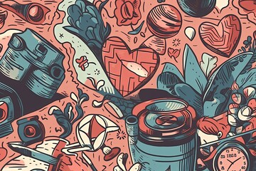 Poster - Illustration of various objects arranged around a clock face created with Generative AI technology