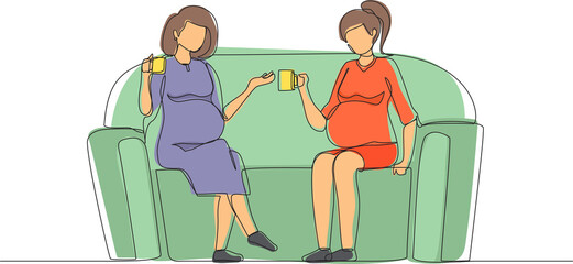 Poster - Single one line drawing two girls are sitting on couch. They drink tea, talk, share secrets. Friends, neighbors, young ladies. Cozy evening with hot drink. Continuous line draw design graphic vector