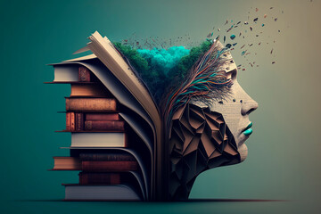 a tranquil portrait of a beautiful brooding woman effect of books flying out of her head. the concep