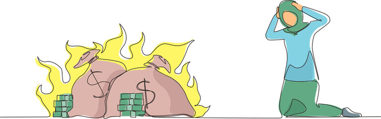 Poster - Single one line drawing upset Arabian businesswoman kneeling. Finances burning up. Global financial crisis, inflation. Bankruptcy. Inability to do business and pay bills. Continuous line design vector