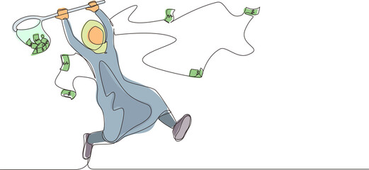 Poster - Single continuous line drawing Arabian businesswoman trying to catch flying money with butterfly net. Entrepreneur woman using business opportunity to scoop dollar bills. One line draw design vector