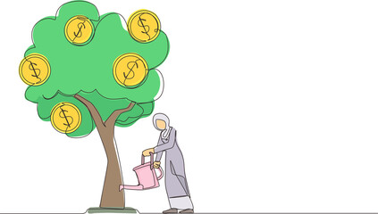 Poster - Single continuous line drawing business investment with money tree illustration. Arab woman watering tree with coins dollar symbols. Business development, profit growth. One line graphic design vector