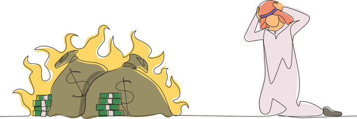 Poster - continuous one line drawing upset arab businessman kneeling. finances burning up. global financial c