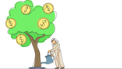 Wall Mural - Single continuous line drawing Arabic business investment with money tree illustration. Man watering tree with coins dollar symbols. Business development, profit growth. One line graphic design vector