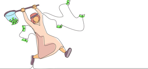Poster - Continuous one line drawing Arab businessman trying to catch flying money with butterfly net. Running entrepreneur man using business opportunity to scoop dollar bills. Single line draw design vector