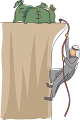 Poster - Single continuous line drawing Arabian businessman doing rope climbing towards money bag. Climber hanging on rope and pulling himself on top of rocky mountain wall. One line draw graphic design vector