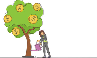 Poster - Single one line drawing business investment with money tree illustration. Woman watering tree with coins dollar symbols. Business development, profit growth. Continuous line draw design graphic vector