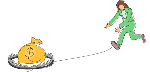 Poster - Single continuous line drawing money trap business. Businesswoman running to catch money bag in the steel bear trap. Metaphor of greedy financial risk and bad solutions. One line graphic design vector
