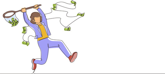 Poster - Continuous one line drawing businesswoman trying to catch flying money with butterfly net. Happy running entrepreneur woman using business opportunity to scoop dollar bills. Single line design vector