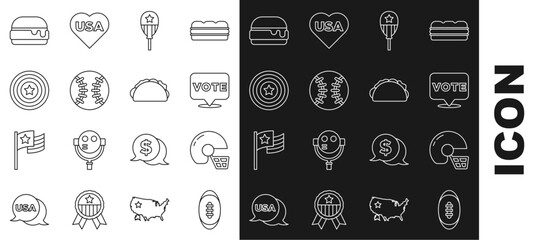 Sticker - Set line American Football ball, football helmet, Vote, Balloons, Baseball, star shield, Burger and Taco with tortilla icon. Vector