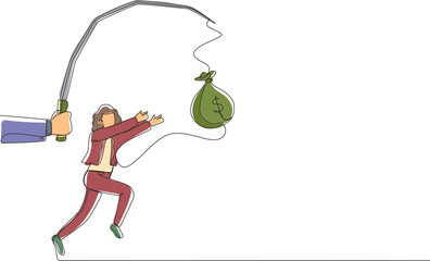 Poster - Single continuous line drawing hand with fishing pole and money bag control greedy businesswoman under hypnosis. Woman running after dangling money bag, trying to catch it. One line draw design vector