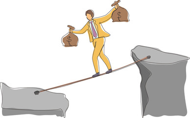 Poster - single continuous line drawing businessman walk over cliff gap mountain carry two money bag risking 