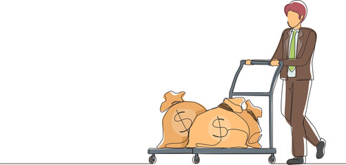 Poster - Continuous one line drawing businessman push cart with money bags. Reward or profit concept. Man employee with salary. Investor carries money to startup. Single line design vector graphic illustration
