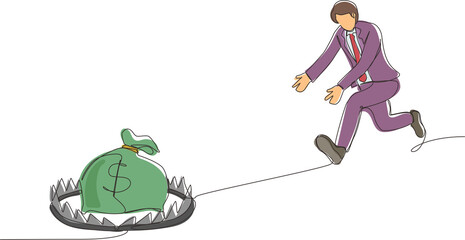 Poster - Single one line drawing money trap business. Businessman running to catch money bag in the steel bear trap. Metaphor of greedy financial risk and bad solutions. Continuous line design graphic vector