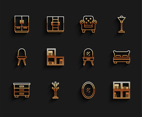 Poster - Set line Furniture nightstand, Coat, Wardrobe, Mirror, Shelf with books, Big bed and Dressing table icon. Vector