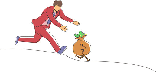 Poster - Single continuous line drawing businessman chasing money bag dollar run away. Concept of achieving goals and profits, striving for success, running for money. One line draw design vector illustration