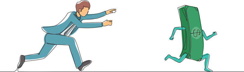 Poster - Single one line drawing businessman or manager running and chasing after run away money. Concept of money obsession, impatient, greedy. Modern continuous line draw design graphic vector illustration