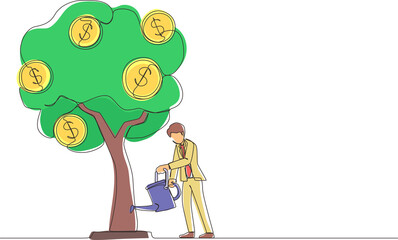 Poster - Single one line drawing business investment with money tree illustration. Man watering tree with coins dollar symbols. Business development, profit growth. Continuous line draw design graphic vector