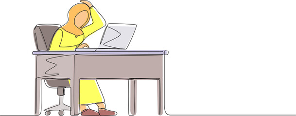 Poster - Single one line drawing female manager working on computer laptop. Arab woman with question mark over head scratches back of her head sitting in front of laptop. Continuous line design graphic vector