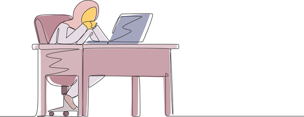 Poster - single one line drawing pensive arabian businesswoman working at laptop. frustrated female in doubt 