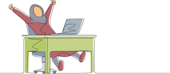 Poster - Continuous one line drawing happy Arab businesswoman sitting in chair at desk using laptop celebrating win with hands raised. Celebrating win, positive emotions concept. Single line draw design vector