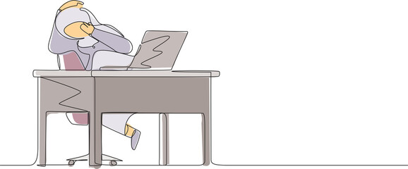 Fototapete - Continuous one line drawing scared Arabian woman manager looking at laptop computer screen. Shocked girl watching video on her notebook computer at home. Single line design vector graphic illustration