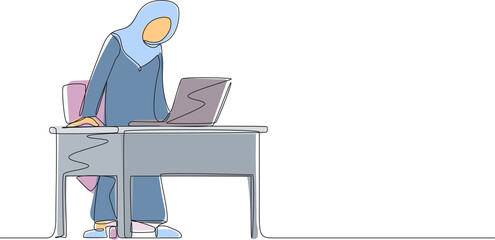 Poster - Single one line drawing frustrated and furious Arabic businesswoman shouting and screaming screen laptop on her working desk. Bad workspace emotions. Continuous line design graphic vector illustration