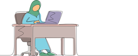 Fototapete - Single continuous line drawing Arab female works in office. Woman working, typing and sending messages. Work, table, computer. Workplace and communication concept. One line draw graphic design vector