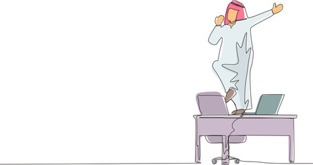 Poster - Single continuous line drawing happy office worker dancing on desk. Arabian businessman dancing while sitting at desk. Having fun at work. Work from home concept. One line draw graphic design vector