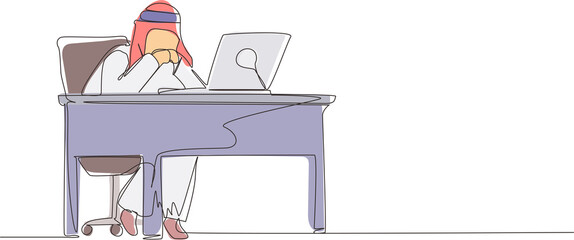 Fototapete - Single continuous line drawing pensive Arabic businessman working at laptop. Frustrated male in doubt with hand on chin gesture. Work at home office. Remote job, workplace. One line draw design vector