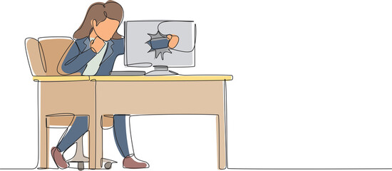 Poster - single continuous line drawing angry businesswoman breaks her laptop computer hitting it with clench