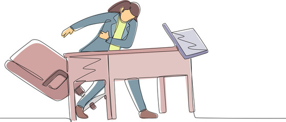 Poster - single one line drawing frustrated and furious young businesswoman is angry and throwing laptop. bad